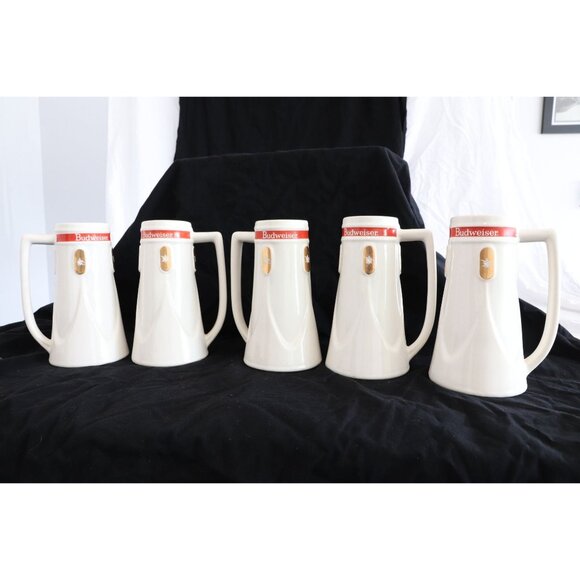 Vintage Set Of Five 1965 Budweiser Beer Mugs White Red Gold Pottery - Picture 2 of 7